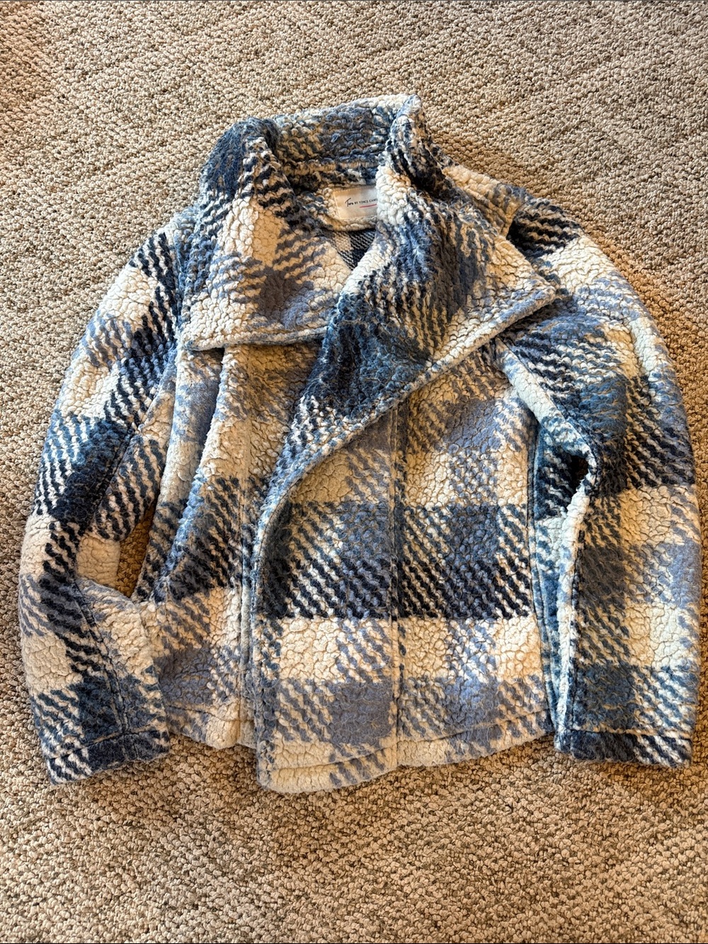 Vince Camuto Cream and Blue Plaid Sherpa Sweater/Jacket